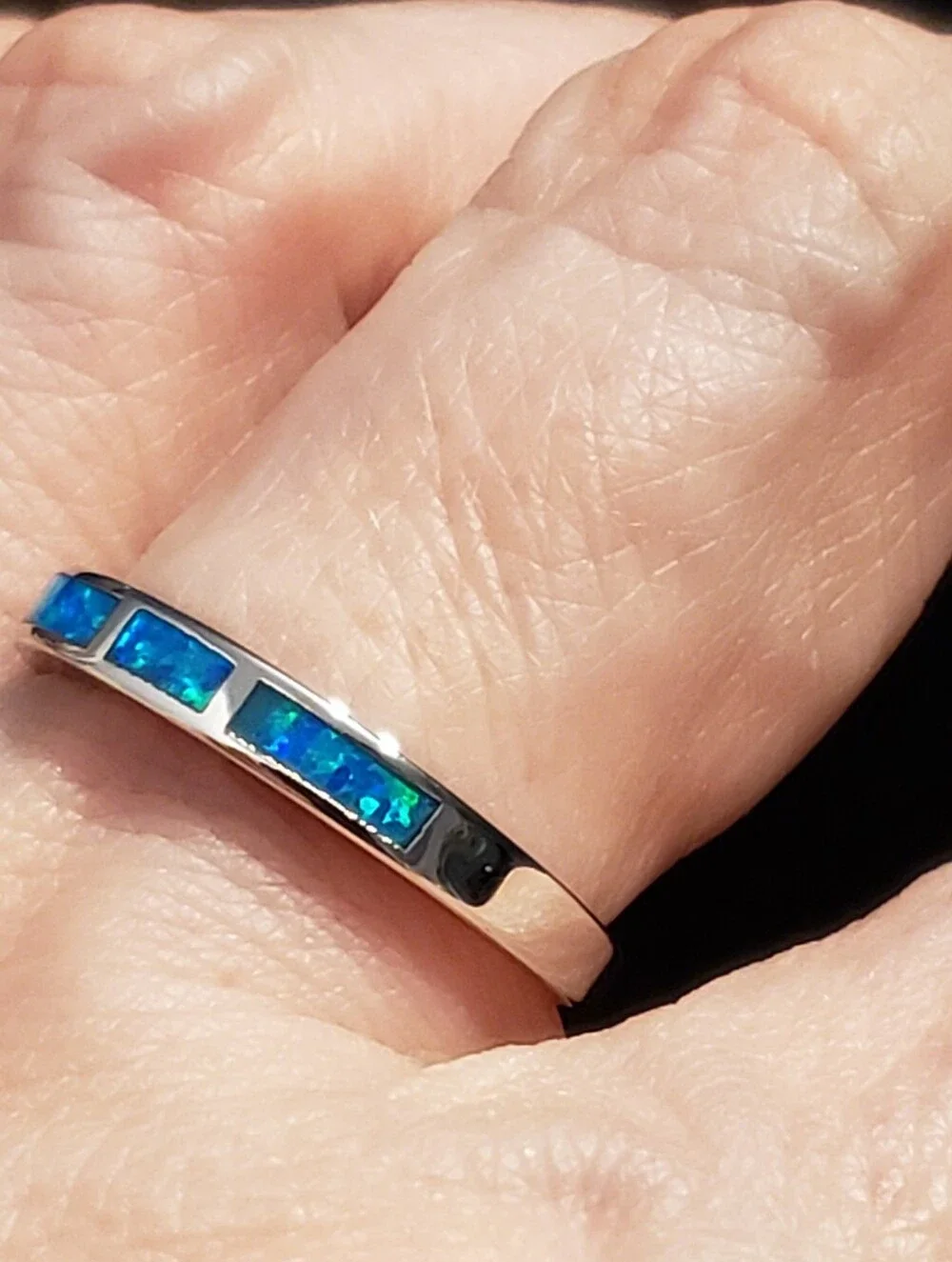NEW Opal 925 Silver Ring, Sz 8 Minimalist, Inset Created Blue Green Opal Band